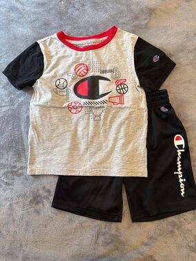 Champion Gray Tee with Black Sleeves & Red Trim Two-Piece Set